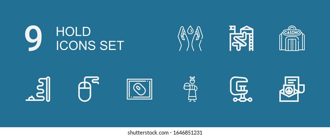 Editable 9 hold icons for web and mobile. Set of hold included icons line Peace, Clamp, Servant, Mouse, Casino, Slide, Save water on blue background