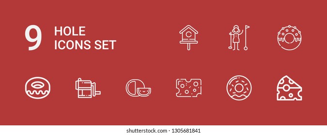 Editable 9 hole icons for web and mobile. Set of hole included icons line Cheese, Donut, Sharpener, Golfer, Birdhouse on red background