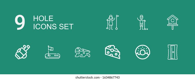 Editable 9 hole icons for web and mobile. Set of hole included icons line Sharpener, Donut, Cheese, Golf, Birdhouse, Golfer on green background