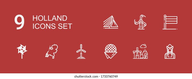 Editable 9 holland icons for web and mobile. Set of holland included icons line Dutch, Windmill, Stroopwafel, Holland, Rotterdam on red background