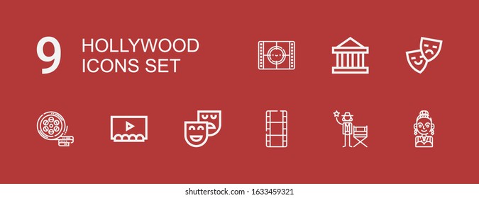 Editable 9 hollywood icons for web and mobile. Set of hollywood included icons line Actress, Actor, Film, Theatre, Theater, Movie on red background