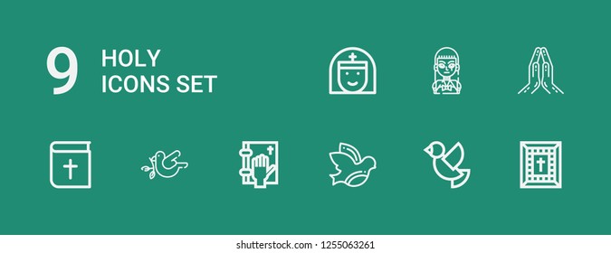 Editable 9 holy icons for web and mobile. Set of holy included icons line Bible, Dove, Oath, Praying, Gothic, Nun on green background