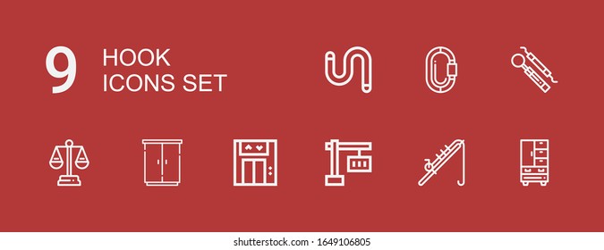 Editable 9 hook icons for web and mobile. Set of hook included icons line Wardrobe, Fishing rod, Crane, Lift, Balance, Hook, Carabiner, Worm on red background