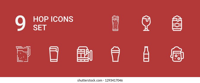 Editable 9 hop icons for web and mobile. Set of hop included icons line Beer, Beer bottle, Beer can on red background