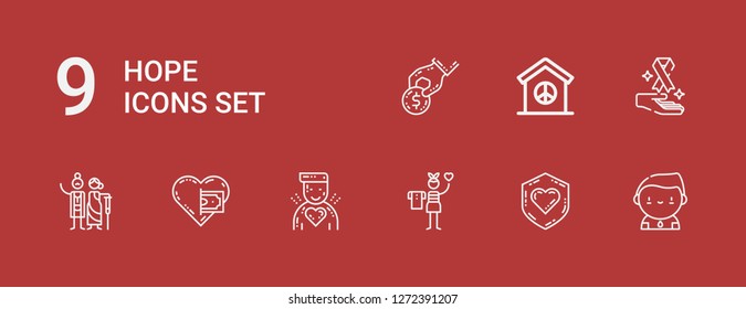 Editable 9 hope icons for web and mobile. Set of hope included icons line Donor, Charity, Donation, Cancer, Peace, Donate on red background