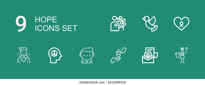 Editable 9 hope icons for web and mobile. Set of hope included icons line Donation, Peace, Charity, Donor, Cancer, Dove, Pigeon on green background
