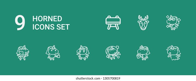 Editable 9 horned icons for web and mobile. Set of horned included icons line Unicorn, Deer, Buck on green background