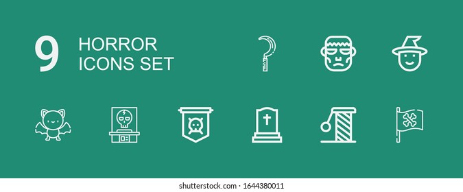 Editable 9 horror icons for web and mobile. Set of horror included icons line Pirate flag, Scratching, Tombstone, Jolly roger, Skull, Bat, Witch, Frankenstein on green background
