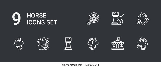 Editable 9 horse icons for web and mobile. Set of horse included icons line Unicorn, Carousel, Rook, Cryptozoology on dark background