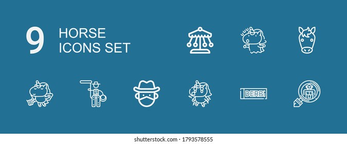 Editable 9 iconos de caballo para web y móvil. Juego de caballos incluidos íconos línea Criptozoología, Derbi, Unicornio, Vaquero, Lasso, Caballo, Viajar sobre fondo azul