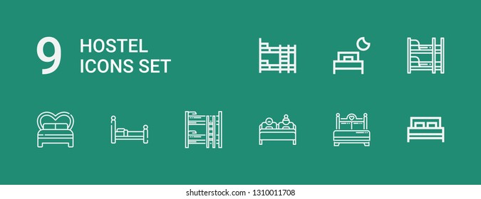 Editable 9 hostel icons for web and mobile. Set of hostel included icons line Bed, Double bed, Bunk bed on green background