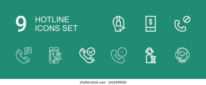 Editable 9 hotline icons for web and mobile. Set of hotline included icons line Operator, Phone, Phone call on green background
