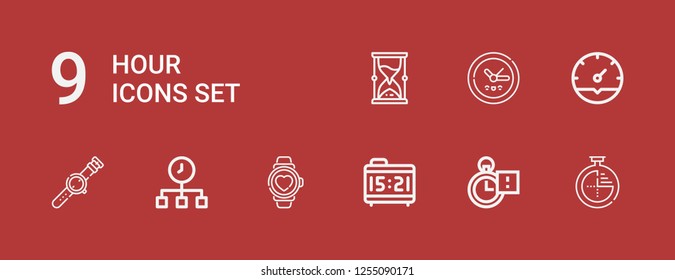 Editable 9 hour icons for web and mobile. Set of hour included icons line Timer, Stopclock, Alarm clock, Watch, Time, Clock, Hourglass on red background