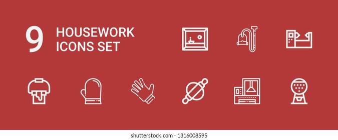Editable 9 housework icons for web and mobile. Set of housework included icons line Machine, Roller, Gloves, Glove, Paint bucket, Vacuum, Painting on red background