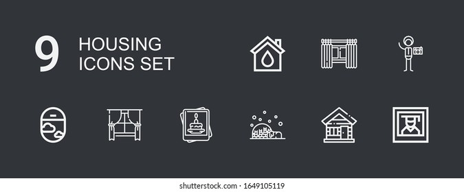 Editable 9 housing icons for web and mobile. Set of housing included icons line Photography, Wood house, Igloo, Window, Windows, Eco house on dark background