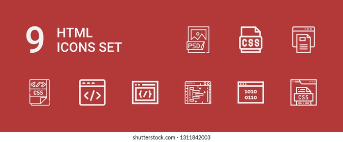 Editable 9 Html Icons For Web And Mobile. Set Of Html Included Icons Line Css, Binary Code, Clean Code, Html, Text File, Psd File On Red Background