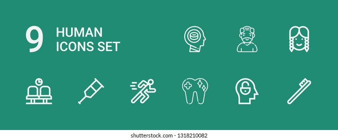 Editable 9 human icons for web and mobile. Set of human included icons line Toothbrush, Mind, Tooth, Running, Crutch, Waiting room, Girl, Old man, Head on green background