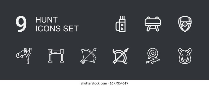 Editable 9 hunt icons for web and mobile. Set of hunt included icons line Boar, Archery, Metal detector, Slingshot, Arsenal, Buck, Quiver on dark background