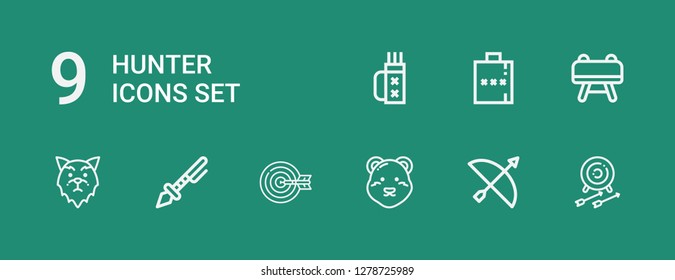 Editable 9 hunter icons for web and mobile. Set of hunter included icons line Archery, Polar bear, Prehistoric, Wolf, Buck, Hip flask, Quiver on green background
