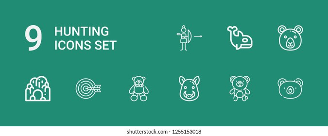 Editable 9 hunting icons for web and mobile. Set of hunting included icons line Bear, Boar, Archery, Cave, Orca on green background