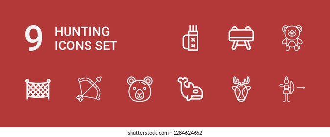 Editable 9 hunting icons for web and mobile. Set of hunting included icons line Archery, Deer, Orca, Bear, Fishing net, Buck, Quiver on red background