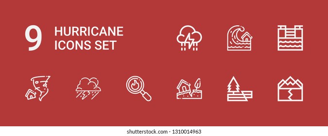 Editable 9 hurricane icons for web and mobile. Set of hurricane included icons line Earthquake, Disaster, Storm, Tornado, Tsunami on red background