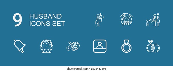 Editable 9 husband icons for web and mobile. Set of husband included icons line Rings, Ring, Bride, Parenthood, Newlyweds on blue background