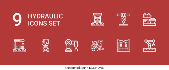 Editable 9 hydraulic icons for web and mobile. Set of hydraulic included icons line Robotic arm, Robot arm, Loader, Mechanical arm on red background