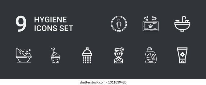 Editable 9 hygiene icons for web and mobile. Set of hygiene included icons line Sun cream, Detergent, Dentist, Shower, Bucket, Bathtub, Sink, Soap, Restroom on dark background