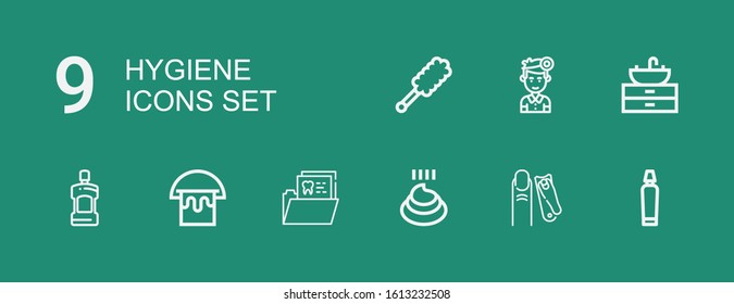 Editable 9 hygiene icons for web and mobile. Set of hygiene included icons line Toothpaste, Nail clippers, Poo, Tooth, Bucket, Mouthwash, Sink, Dentist, Duster on green background