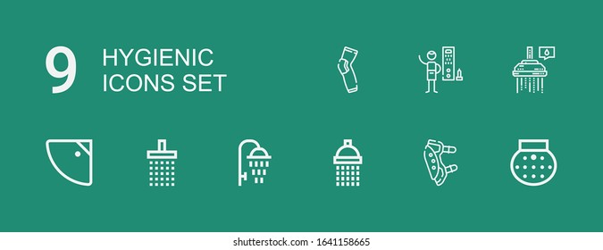 Editable 9 hygienic icons for web and mobile. Set of hygienic included icons line Shower, Pads, Showers on green background