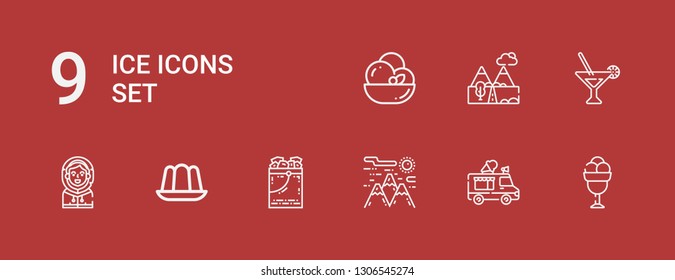 Editable 9 ice icons for web and mobile. Set of ice included icons line Ice cream, cream truck, Mountain, bucket, Jelly, Eskimo, Martini, Mountains on red background