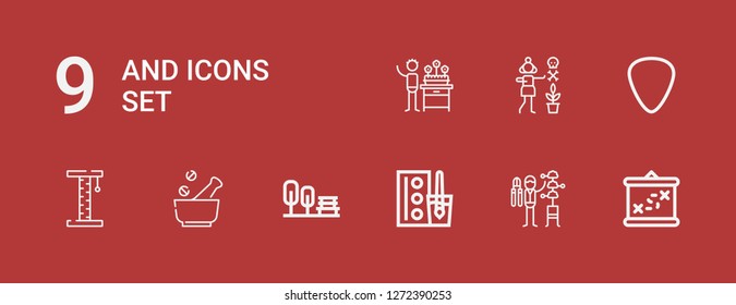 Editable 9 and icons for web and mobile. Set of and included icons line Boarding, Gardener, Watercolor, Garden, Mortar, Platform, Plectrum on red background