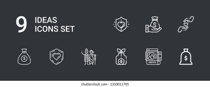 Editable 9 ideas icons for web and mobile. Set of ideas included icons line Money bag, Frame, Charity on dark background