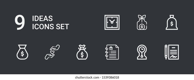 Editable 9 ideas icons for web and mobile. Set of ideas included icons line Contract, Clocks, Money bag, Charity on dark background