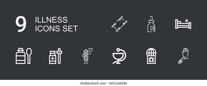 Editable 9 illness icons for web and mobile. Set of illness included icons line Blood donation, Virus, Medicine, Cardiologist, Syrup, Hospital bed, Stretcher on dark background