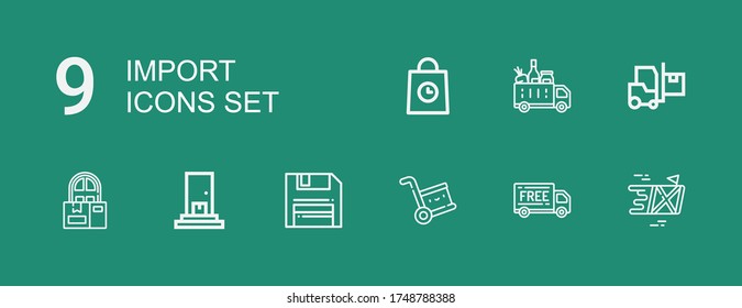 Editable 9 import icons for web and mobile. Set of import included icons line Delivery, Diskette on green background