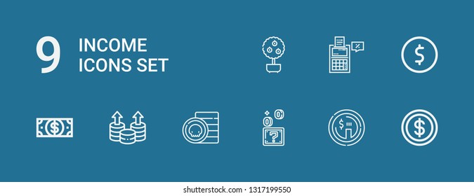 Editable 9 income icons for web and mobile. Set of income included icons line Coin, Dollar, Coins, Tax, Money tree on blue background