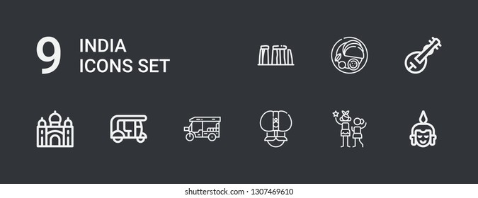Editable 9 india icons for web and mobile. Set of india included icons line Buddha, Idol, Fakir, Tuk tuk, Taj mahal, Veena, Indian, Stonehenge on dark background
