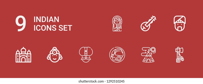 Editable 9 indian icons for web and mobile. Set of indian included icons line Tomahawk, Indian tent, Fakir, Taj mahal, Veena, Eskimo on red background