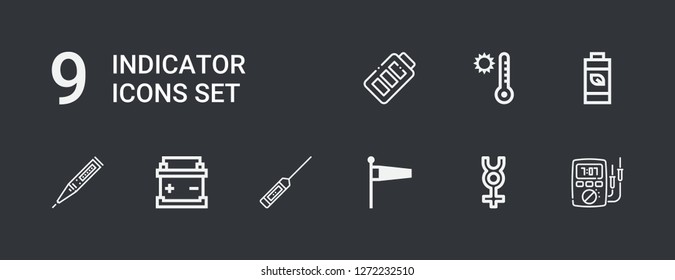 Editable 9 indicator icons for web and mobile. Set of indicator included icons line Ammeter, Mercury, Windsock, Thermometer, Battery, Temperature on dark background