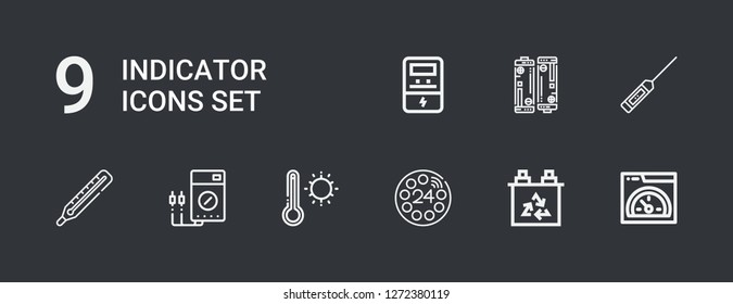 Editable 9 indicator icons for web and mobile. Set of indicator included icons line Speed, Battery, Dial, Thermometer, Voltmeter on dark background