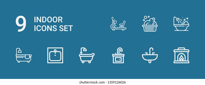 Editable 9 indoor icons for web and mobile. Set of indoor included icons line Fireplace, Sink, Bathtub, Washbowl, Stationary bike on blue background