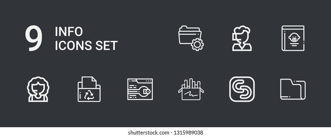 Editable 9 info icons for web and mobile. Set of info included icons line Folder, Safecopy backup, Chalk, Support, Call center, Guide book on dark background