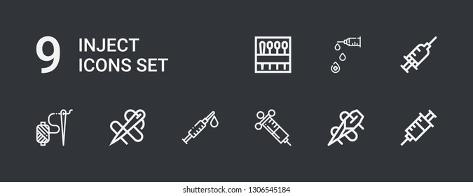 Editable 9 inject icons for web and mobile. Set of inject included icons line Syringe, Needle on dark background