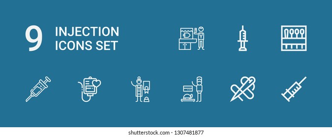 Editable 9 Injection Icons For Web And Mobile. Set Of Injection Included Icons Line Syringe, Needle, Veterinarian, Blood Transfusion, Vaccine On Blue Background