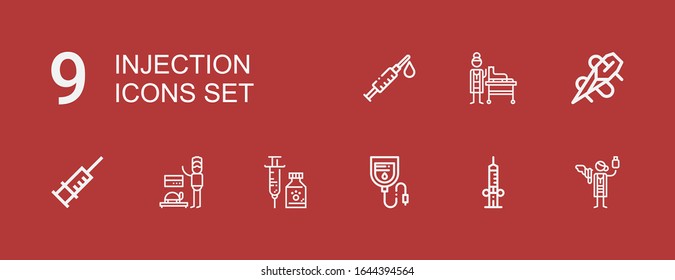 Editable 9 injection icons for web and mobile. Set of injection included icons line Veterinarian, Syringe, Blood bag, Vaccine, Needle on red background