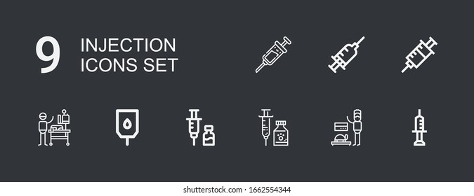 Editable 9 Injection Icons For Web And Mobile. Set Of Injection Included Icons Line Syringe, Veterinarian, Vaccine, Blood Transfusion On Dark Background