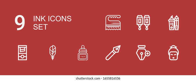 Editable 9 ink icons for web and mobile. Set of ink included icons line Geisha, Pen, Ink, Feather, Guillotine, Highlighter, Cartridge, Brush on red background