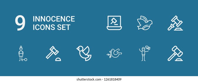 Editable 9 innocence icons for web and mobile. Set of innocence included icons line Auction, Dove, Auction hammer, Guilt on blue background